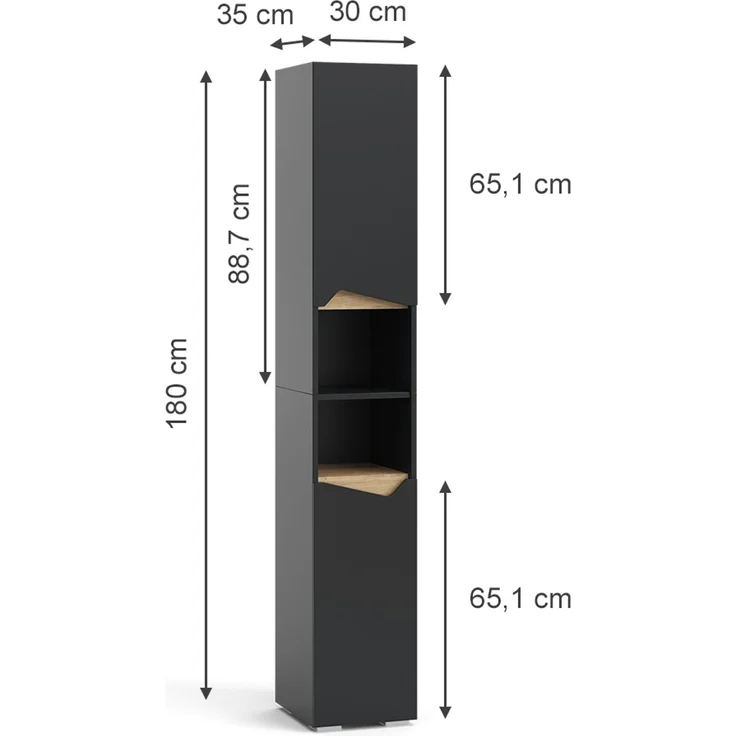 Badschrank Marelle Anthrazit/Artisan 30 x 180 cm mit Türen, und offenen Fächern Vicco – Bild 3