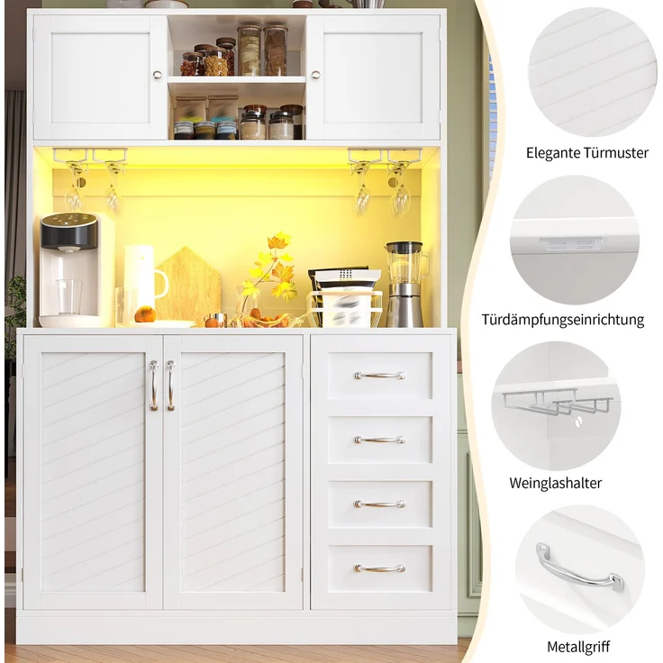 EINHOM Seitenboard / Aufbewahrungsschrank / Küchenschrank / Buffetschrank, 120 x 40 x 188 cm, mit LED-Beleuchtung, Snackregal & Getränkehaltern, 4 Türen & 2 große Schubladen, Grün/Schwarz/Weiß, Weiß – Bild 7