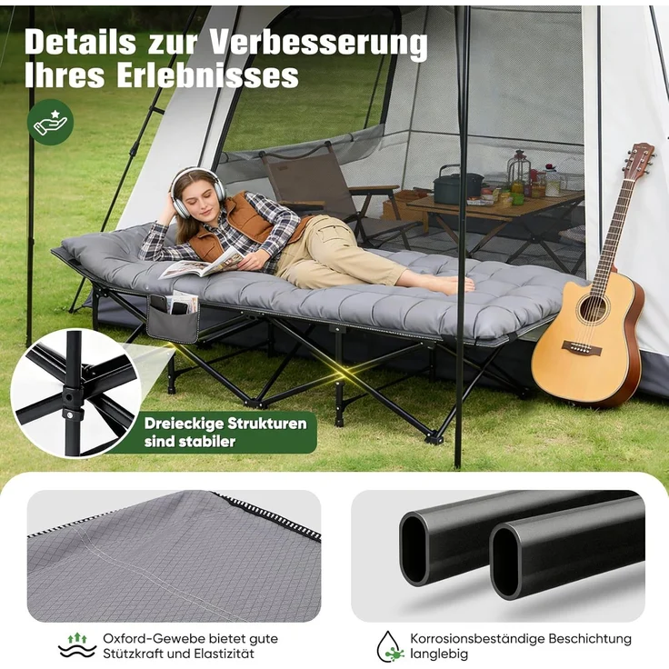Sekey Feldbett Campingbett Klappbar Campingliege mit Matratze Angelliege Klappbett bis 200 kg – Bild 4