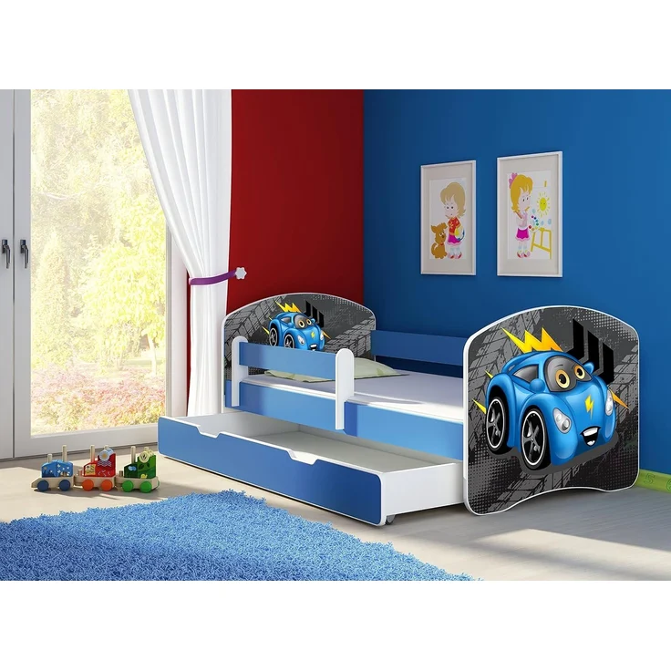 ACMA Kinderbett Jugendbett mit Einer Schublade und Matratze Blau mit Rausfallschutz Lattenrost II 140x70 160x80 180x80 (04 Blaue Auto, 160x80 + Bettkasten) – Bild 2