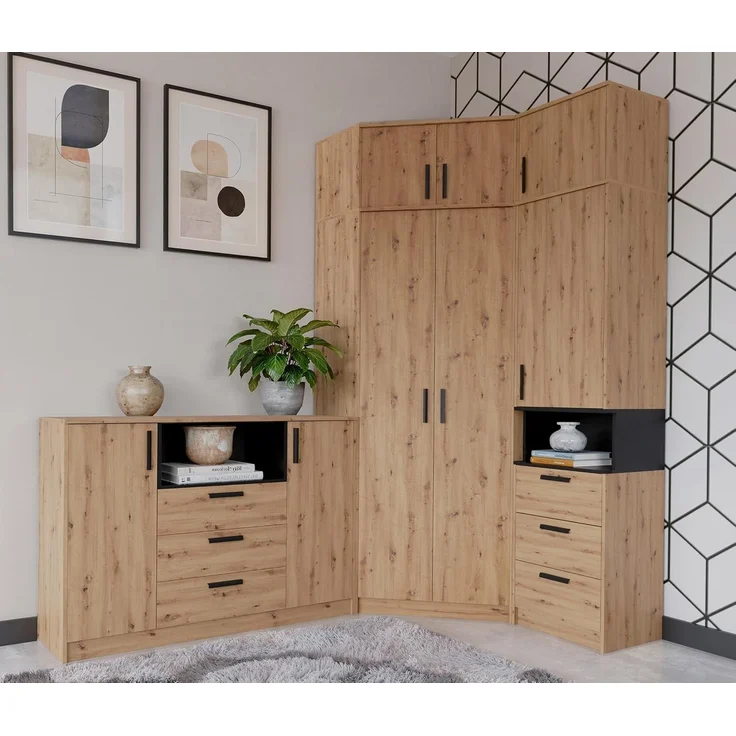 Marmex Möbel Grant Set-47A Eckkleiderschrank-Set 3-teilig für Schlafzimmer & Ankleide – Eckschrank & 2 eintürige Kleiderschränke, laminierte Spanplatte, artisan, 143/143x195x40 cm – Bild 6