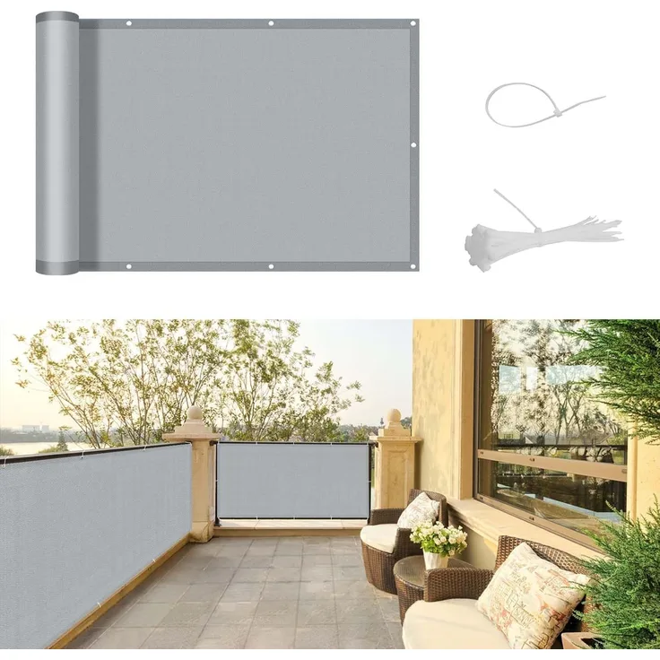 SUNNY GUARD Balkon Sichtschutz 90x600 cm Balkonabdeckung PES UV-Schutz Balkonverkleidung wetterfester,mit Kabelbinder,Hellgrau