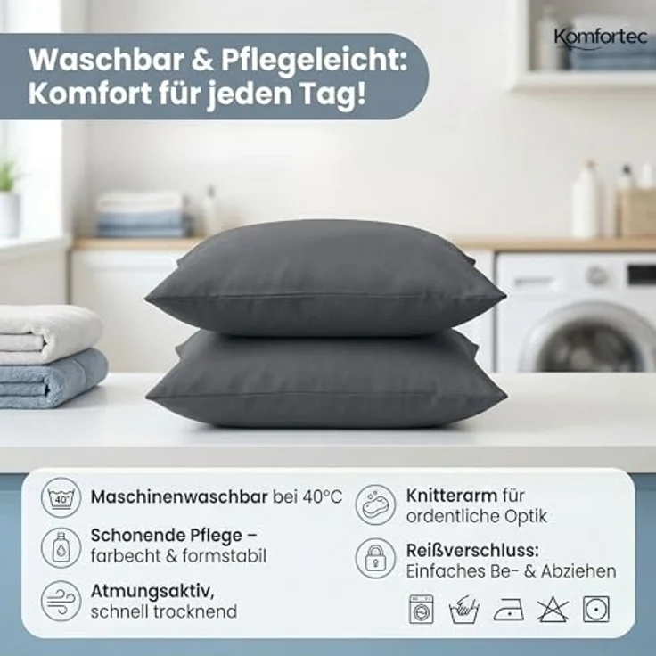 Komfortec Kissenbezug 40x40 2er Set - 100% Mikrofaser, Weich & Atmungsaktiv, mit Reißverschluss - Kopfkissenbezug - Waschbar & Pflegeleicht - Anthrazit – Bild 6