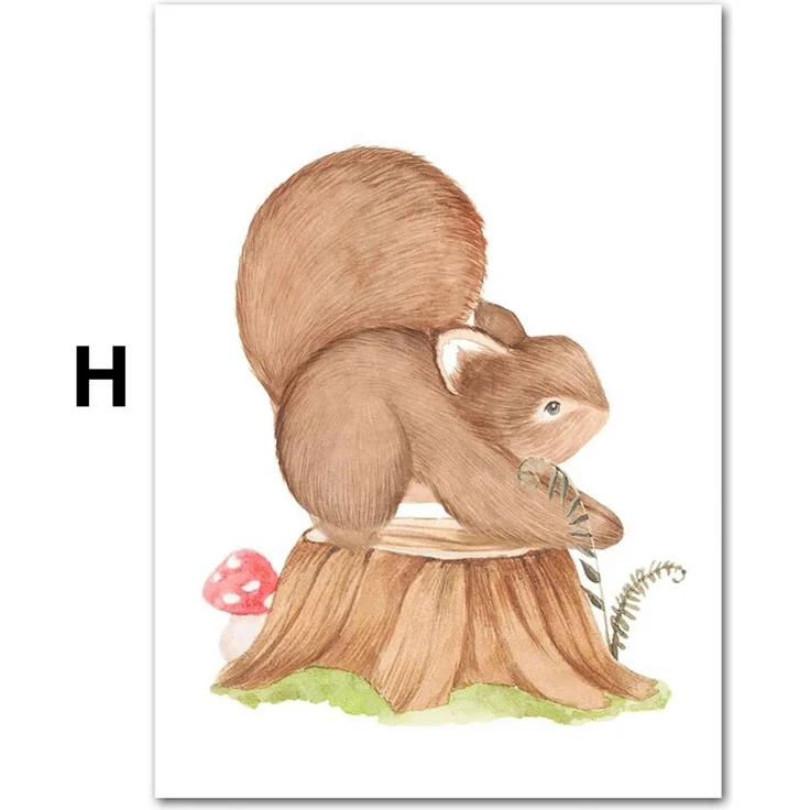 Poster Kinder süße Tiere im Boho Stil Bär Eichhörnchen Schnecke Pilzhaus und Blumen als Deko Print ohne Rahmen - H / 40x 50 cm
