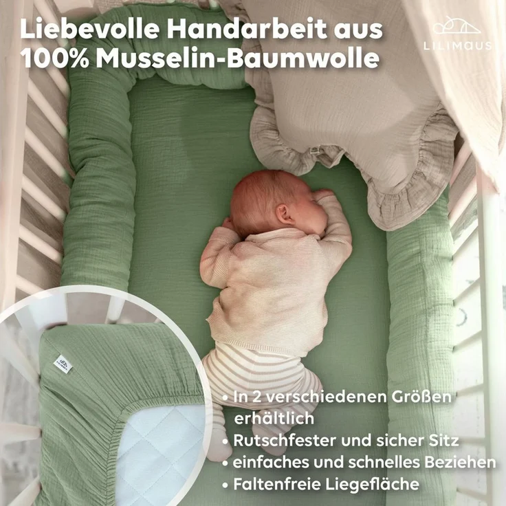lilimaus Spannbettlaken Musselin Bettlaken Baby 60x120 & 70x140 mit Rundum-Gummizug, (1 Stück), weicher Musselin mit Rundum-Gummizug - sicherer Halt im Babybett – Bild 3