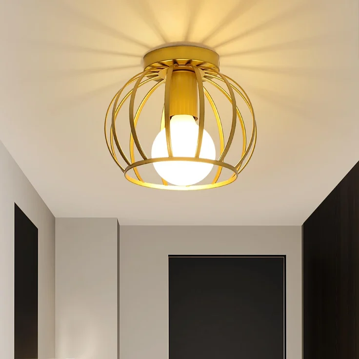 Comely Deckenleuchte Vintage, Industrial Deckenlampe Metall in Käfigform, Retro Kronleuchter E27 für Schlafzimmer, Wohnzimmer, Eingang, Flur (Gold) – Bild 1