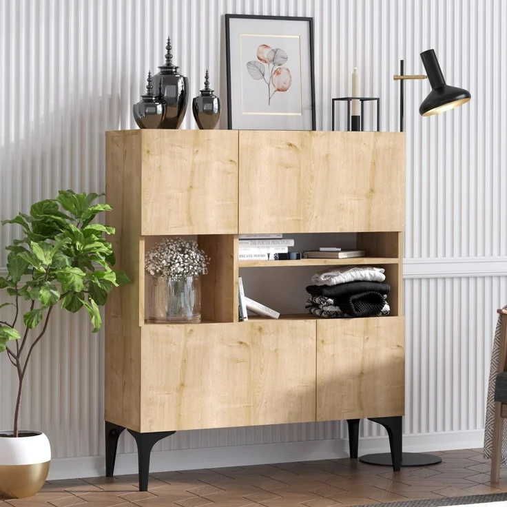 Calicosy 'KRISTA' Buffet mit 3 Fächern und 4 Türen, Eiche Dekor, H125 cm - Helles Holz – Bild 3