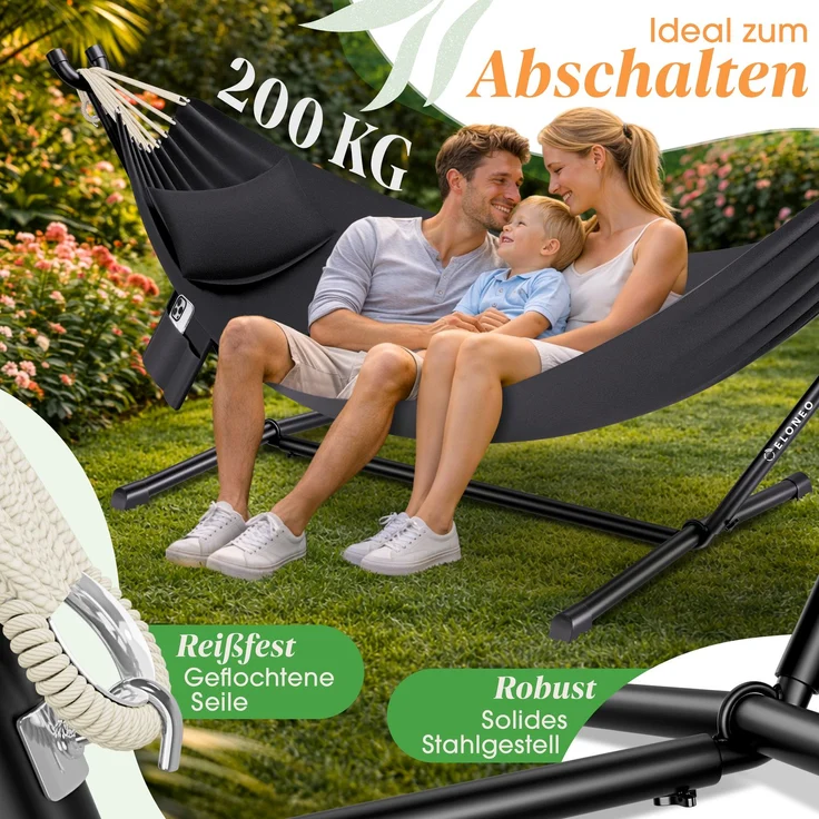 ELONEO Hängematte mit Gestell für 2 Personen, 200 kg Belastbarkeit, höhenverstellbares Hängemattengestell Outdoor und Indoor Hammock inklusive Kissen, Tragetasche und Beutel, Anthrazit – Bild 3