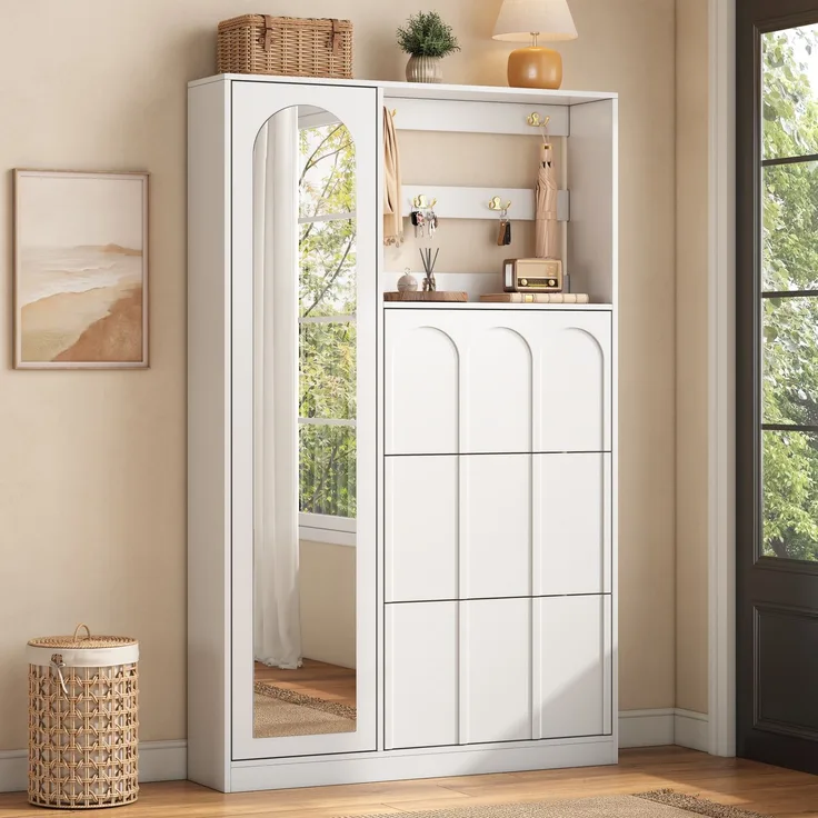 Flieks Garderobenschrank 100 x 24 x 164 cm mit Spiegel, 3 Schuhklappen, Zinkhaken, MDF und griffloser Front, Weiß