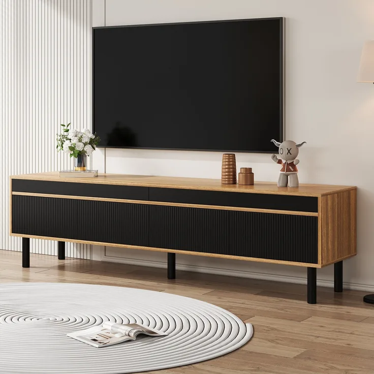 TV-Lowboard aus MDF/Spanplatte mit 4 Türen & Push-to-open, 170x38x47 cm, Schwarz/Natur