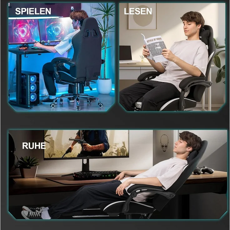 GTPLAYER Gaming-Stuhl Ergonomischer Gaming Sessel Schreibtischstuhl Gamer Stuhl aus Stoff, Federsitzkissen mit Fußstütze – Bild 9