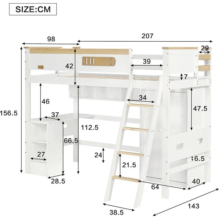 Ball & Cast Hochbett (90x200 cm) Tagesbett mit Fallschutzgitter und Leiter, Kinderbett mit Tisch und Kleiderschrank, Weiß+Natur – Bild 2