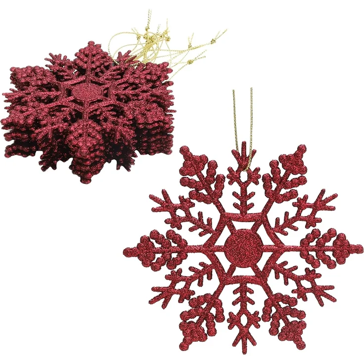 12 Stück - Weihnachtliche Schneeflockendekoration, glitzernde Schneeflockenornamente, Partydekoration (rot, 10 cm) – Bild 1