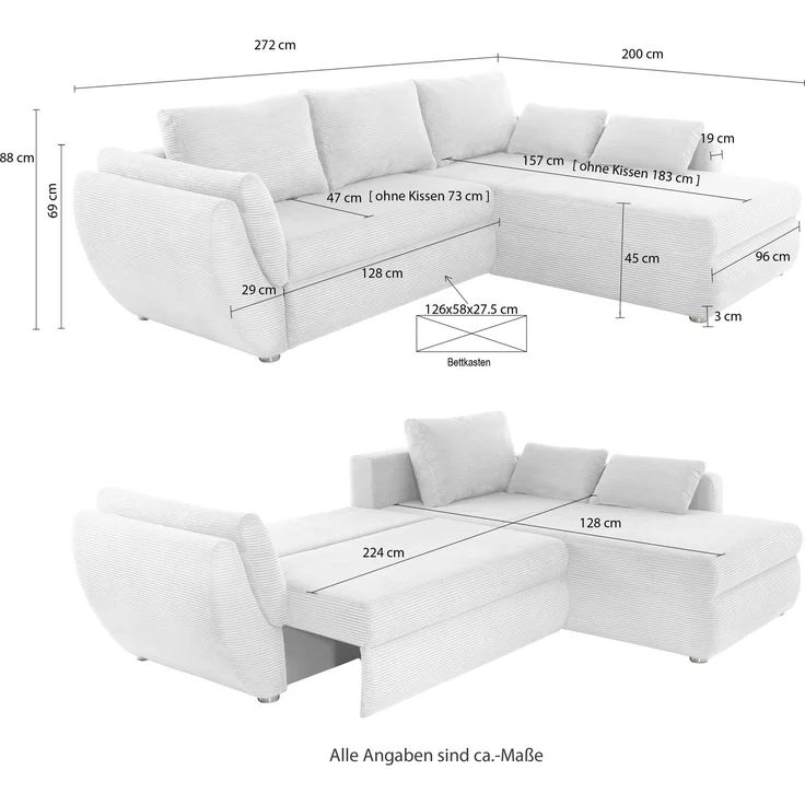 Ecksofa Schlaffunktion Couch mit Rutschenlehne Bettkasten Cord Dunkelgrau – Bild 7