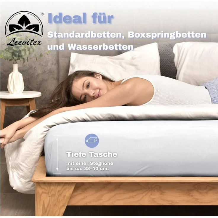 leevitex® Spannbettlaken 1er-Pack, Stoffgewicht 150 g/m², verschiedene Größen, 40 cm Steghöhe, Jersey, Gummizug: rundum, (1 Stück), OEKO-TEX® Standard 100 Zertifikatsnummer 10. HTR. 85321 zertifiziert – Bild 4