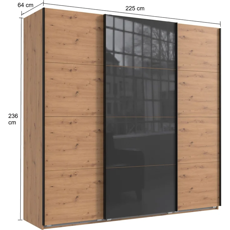 Schwebetürenschrank Kleiderschrank B225 cm extra H236 cm 3-trg. Eiche Artisan Dekor, 1x Tür Glas Grau – Bild 5