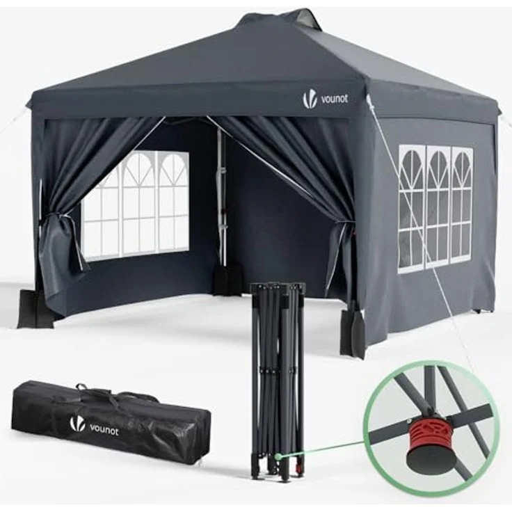 VOUNOT Pavillon 3x3 m Wasserdicht Stabil Winterfest, Pop Up Faltpavillon mit 4 Seitenteilen und 5 Sandsäcke, Faltbar Partyzelt Gartenzelt Gartenpavillon inkl. Tasche, Grau – Bild 2