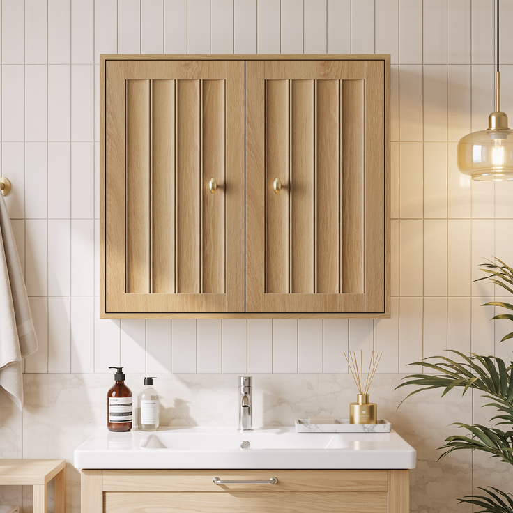 Badezimmer-Wandschrank 61,5 x 20 x 56 cm aus MDF und Spanplatte, Eiche, mit 2 Türen – Bild 2