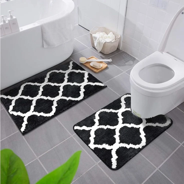Homaxy rutschfest Badematten Set 2 teilig Weich Hochflor Bad WC Badezimmerteppich Set Mikrofaser Badvorleger Set 2teilig -Schwarz – Bild 1