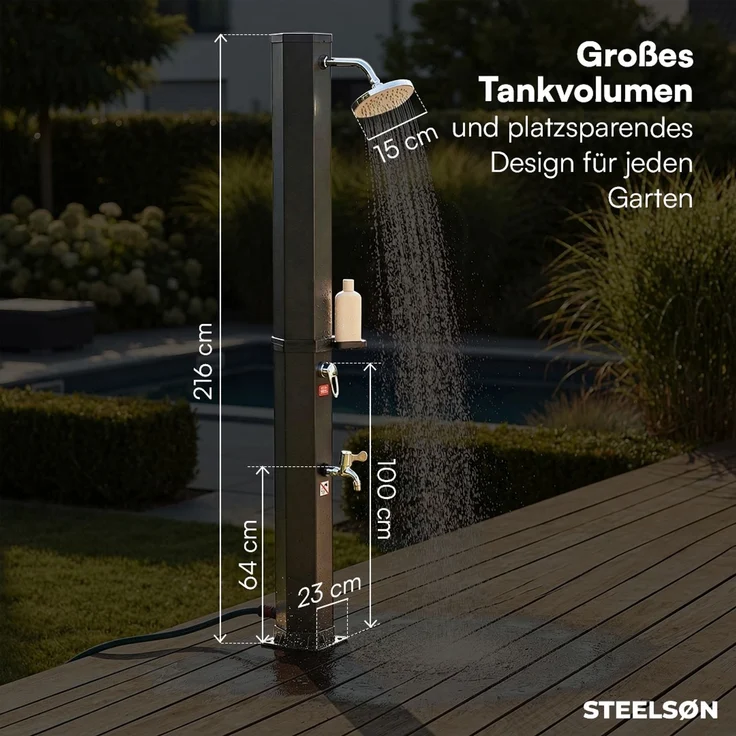 STEELSØN 'Xypher' Solardusche 60L, hexagon, schwarz, warmes Wasser bis 60°C, schwankender Regenduschkopf und Wasserhahn, Gartendusche inkl. Schutzhaube – Bild 8