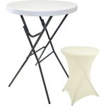 Stehtisch mit Husse Partytisch klappbar Ø 80 cm Höhe 110 cm Bistrotisch in Weiß mit Husse in Beige