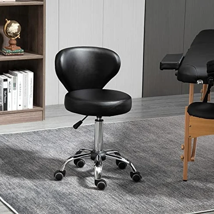 HOMCOM Rollsitz Rollhocker höhenverstellbar Salon Hocker mit Lehne (Arbeitshocker, 1 St, Drehhocker), für Büro, Wohnzimmer, Kunstleder, 45 x 54 x 73-88 cm, Schwarz – Bild 2