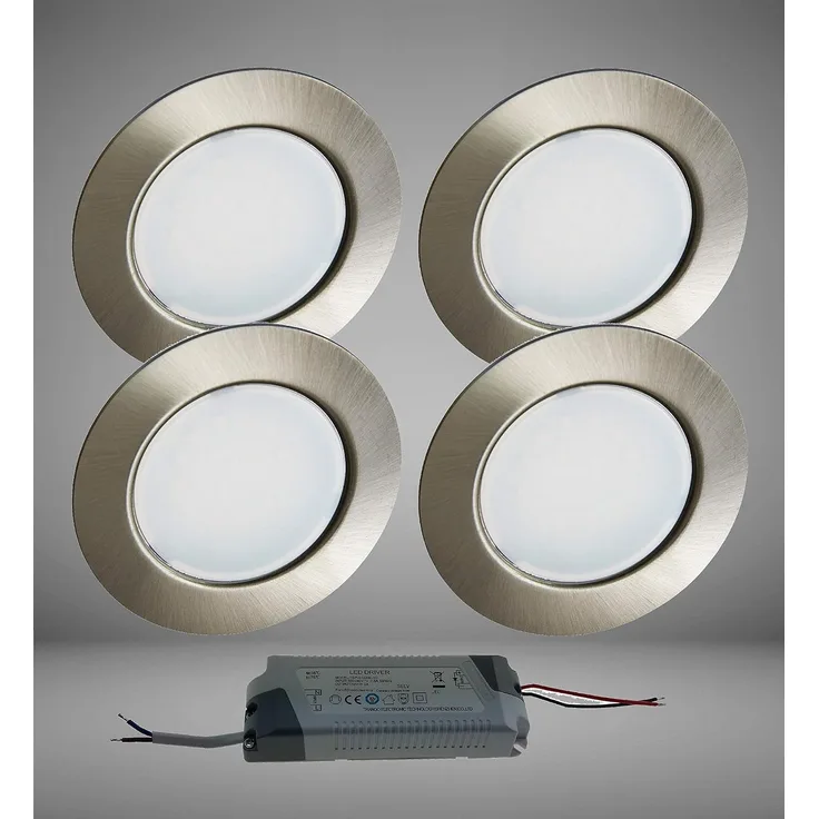 TRANGO LED Einbauleuchte, 4er Set G4E-042T LED Möbel Einbaustrahler 12Volt AC/DC inkl. 1 x LED-Trafo (12 Volt - 2000mAh) Schrank-Einbauleuchte in Edelstahl-Optik, Deckenleuchte, zum Austausch G4 Halogen Möbelleuchten, Küchenhaube-Leuchten