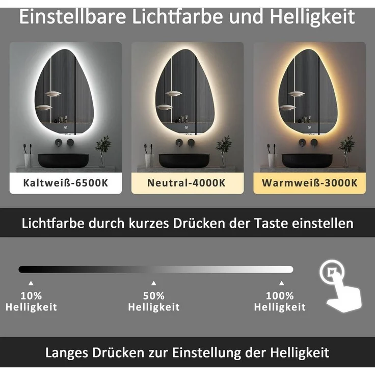 WDWRITTI Wandspiegel mit beleuchtung Badspiegel LED Touch Modern Dreifarbiges Dimmbar (LED Spiegel Bad, Wassertropfen, 55x80cm), LED Multifunktionspiegel – Bild 3