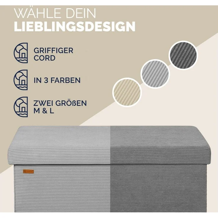 Casaria Sitzbank, Cord Grau Faltbar inkl. 2 Boxen 76x38cm 300kg Belastbarkeit Wohnzimmer – Bild 3