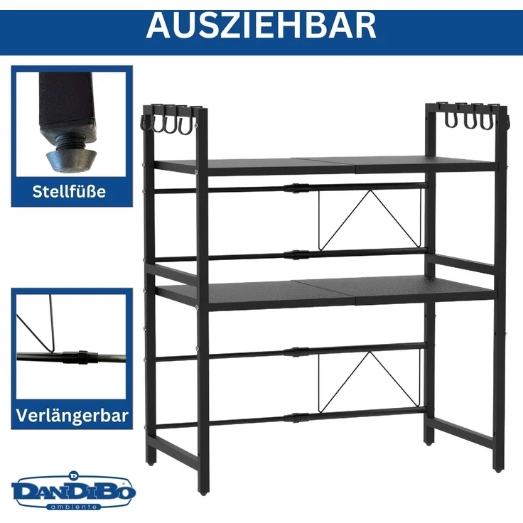 DanDiBo Verstellbares Küchenregal für Arbeitsplatte Schwarz Stehend 3 Stufig 40-64 cm Regal Küche 96614 Standregal – Bild 3