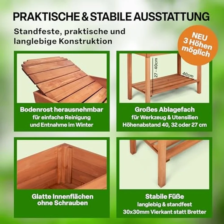 TTL GARDEN Balkon Hochbeet XL 120 x 40 x 80 cm aus Holz - Pflanzkasten & Blumenkasten mit Ablageboden & Folie - Tannenholz wetterfest - Pflanzbeet Kräuterbeet Blumenbeet für Garten Balkon Terrasse Braun – Bild 4
