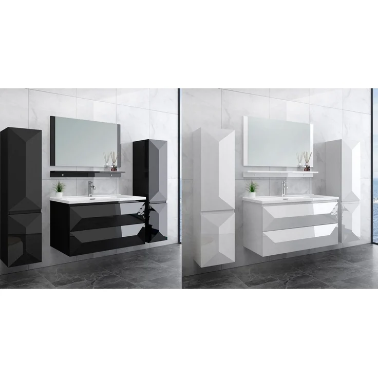 Miran Badmöbel Set 90 cm Weiß Hochglanz mit Spiegel 2x Seitenschrank (Links + Rechts), 1x Waschbeckenunterschrank, 1x Spiegelablage, 1x Spiegel – Bild 1