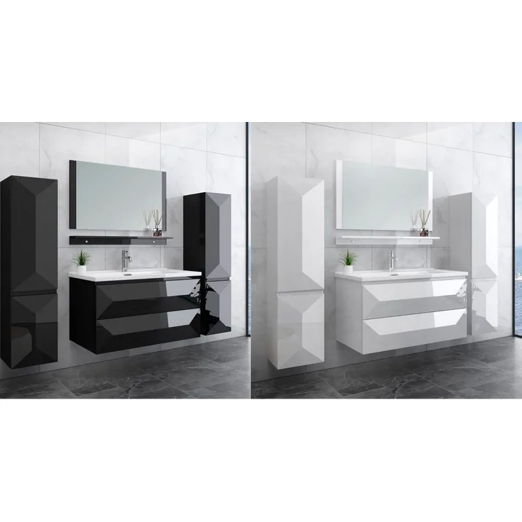 Miran Badmöbel Set 90 cm Weiß Hochglanz mit Spiegel 2x Seitenschrank (Links + Rechts), 1x Waschbeckenunterschrank, 1x Spiegelablage, 1x Spiegel