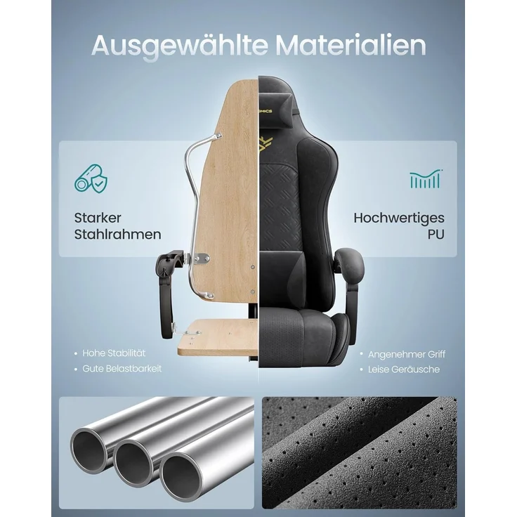 SONGMICS Gaming-Stuhl, Bürostuhl, Schreibtischstuhl, ergonomischer Gaming-Sessel, Sitzkissen mit Federn, Fußstütze, Armlehnen mit Synchronmechanik, tintenschwarz – Bild 5
