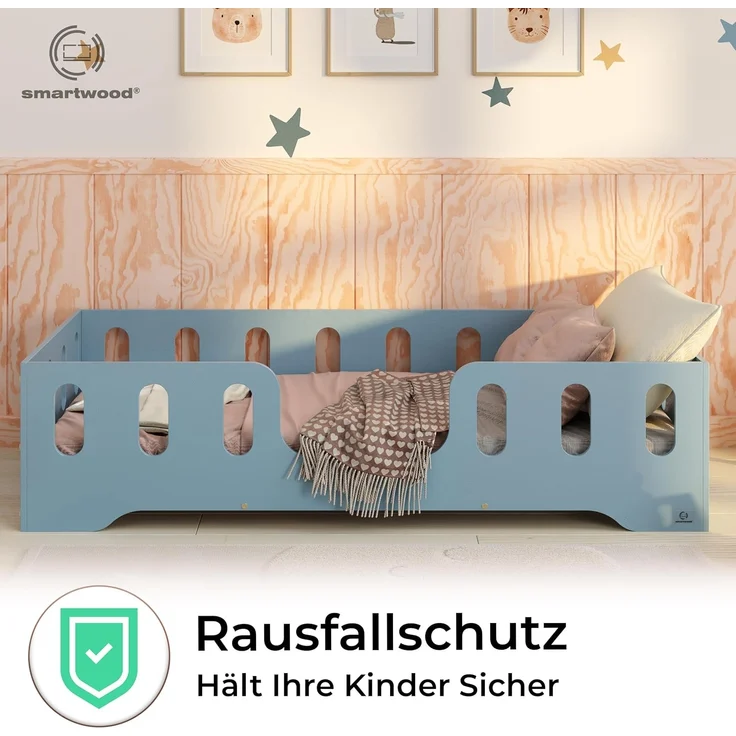 smartwood Kinderbett Bodenbett 80x200 mit Rausfallschutz & Lattenrost - Blau - Kinder Montessori Bett TILA 2 mit glatten Kanten - Betten für schnelle Montage - Bis 230 kg belastbar – Bild 5