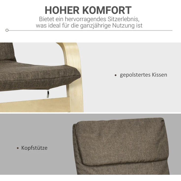 Sessel mit Kopfstütze und Armlehnen, Bezug in Leinenoptik, Holzgestell, Braun + Natur--Braun--98x79x65cm--YOUDENOVA – Bild 6