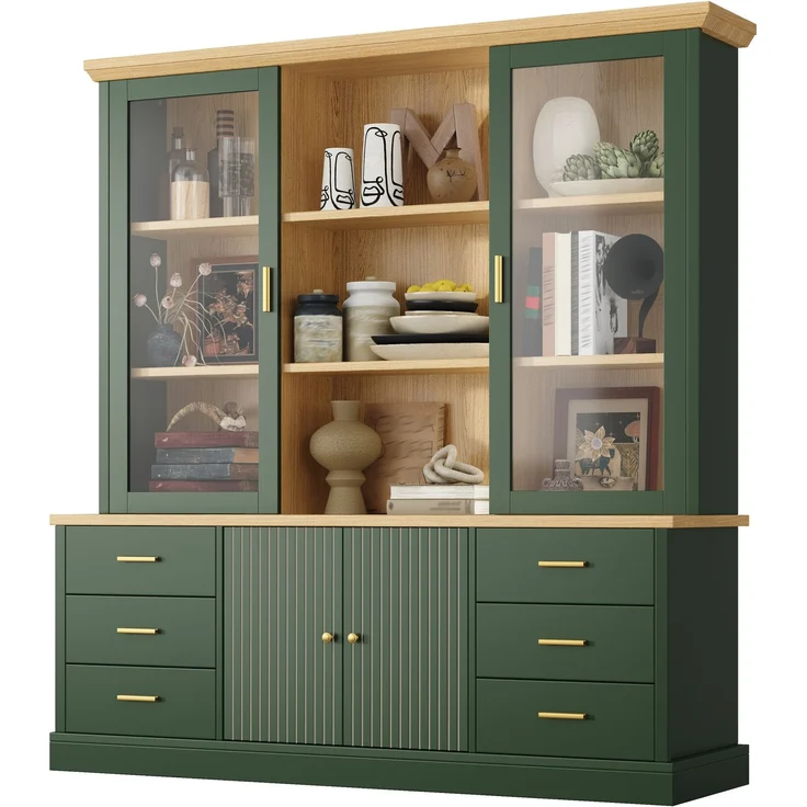 Hochschrank mit Glasvitrinen, 6 Schubladen & verstellbaren Böden, 140x40x185 cm, Grün – Bild 6
