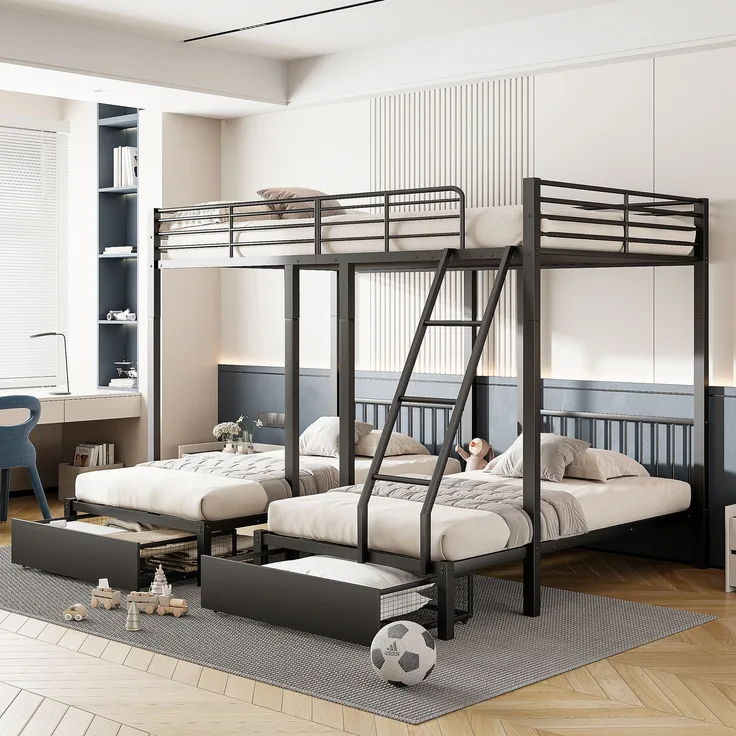EINHOM Dreifaches Etagenbett mit Schubladen, Metallbettrahmen, Umwandelbar in 140 x 200 cm Doppelbett und Zwei 90 x 200 cm Einzelbetten, Multifunktionales Metallrahmenbett, Schwarz (Ohne Matratze)