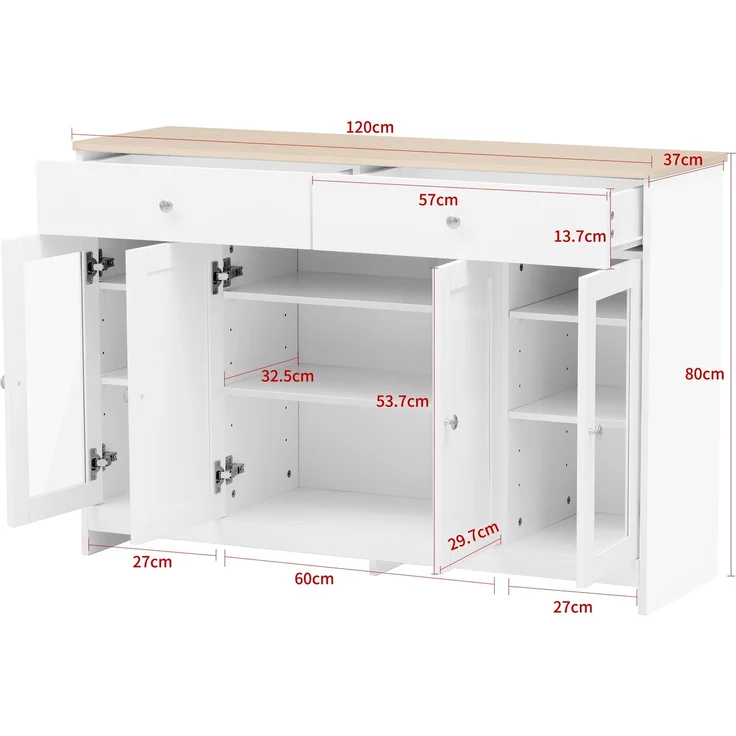 Abrihome Sideboard mit Holzoptik und Glastür im Landhausstil, Weiß, 80x37x120 cm – Bild 6
