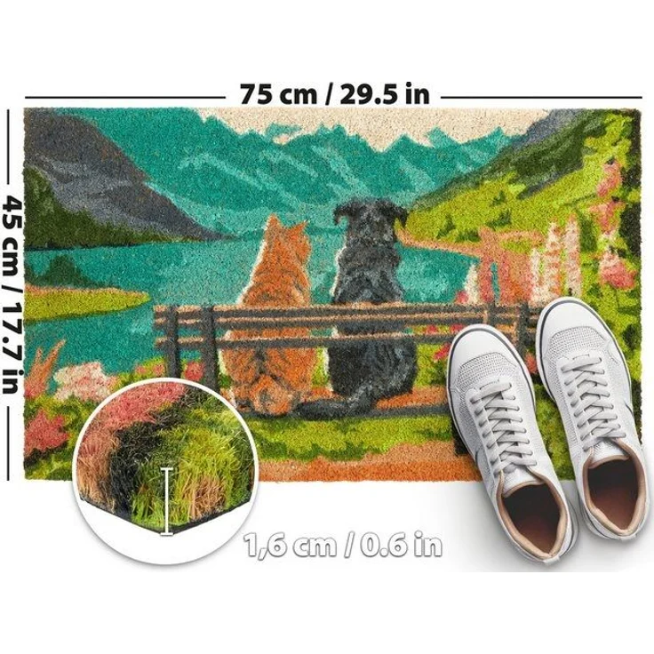 BRUBAKER Fußmatte Hund und Katze auf Bank vor Bergsee mit Blumen - Schmutzfangmatte, Rechteckig, Höhe: 15 mm, Fußmatte für Außen und Innen - Wetterfest und Rutschfest - 45x75 cm – Bild 4