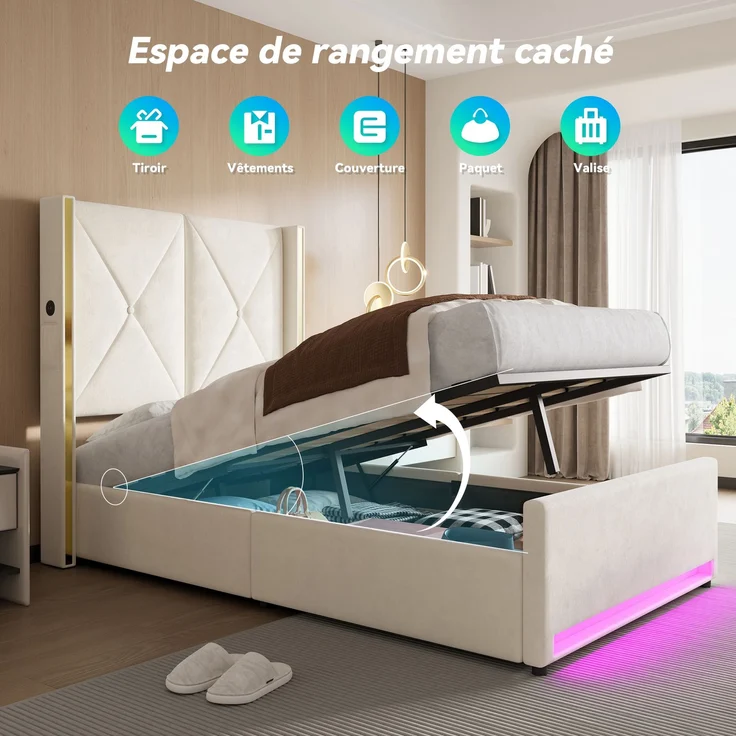 TavilaEcon Boxspringbett Veloursbett mit hohem Kopfteil, Seitentaschen & USB beige Liegefläche 90 × 200 cm – Bild 7