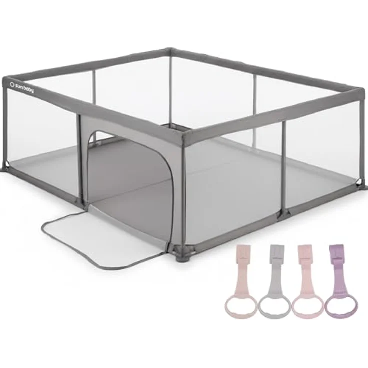 sun baby Laufstall mit rosa Griffen 150x200 cm 0-2 Jahre Grau, Polyester, Netzwände, Eingang mit Reißverschluss, rutschfeste Füße, Tragetasche im Set, Metallrahmen – Bild 10