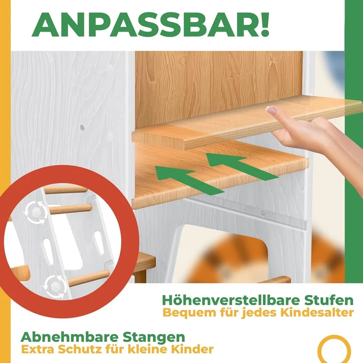 KIDIZ® Lernturm für Kinder ab 1 Jahr inkl. Lernuhr | 3-stufig Höhenverstellbarer Tritthocker aus Kiefernholz | spielerisch motorische Fähigkeiten fördern Montessori Learning Tower bis 50 kg belastbar Weiß / Hellbraun – Bild 6