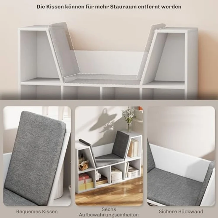 HOMCOM Bücherregal Kleiner Bücherschrank mit Sitzkissen, 6 Fächern, Leinenoptik, Aufbewahrungsregal 1-tlg, für Wohnzimmer, Schlafzimmer, 105 x 30 x 63 cm, Weiß – Bild 6