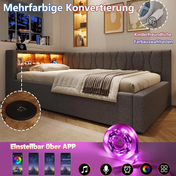 Schlafsofa mit LED-Streifen, Lattenrost, Regal, Rückenlehne, Aufbewahrung, Type-C und USB, 90x200 cm, Polsterbett, Einzelbett, Tagesbett, Leinen – Bild 4