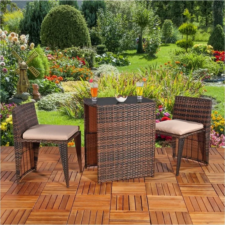 Melko Gartenlounge-Set Gartenmöbel Sitzgarnitur Essgruppe 3er Set Tisch&2 Stühle Polyrattan, (Set, 4-tlg), Beansprucht wenig Platz