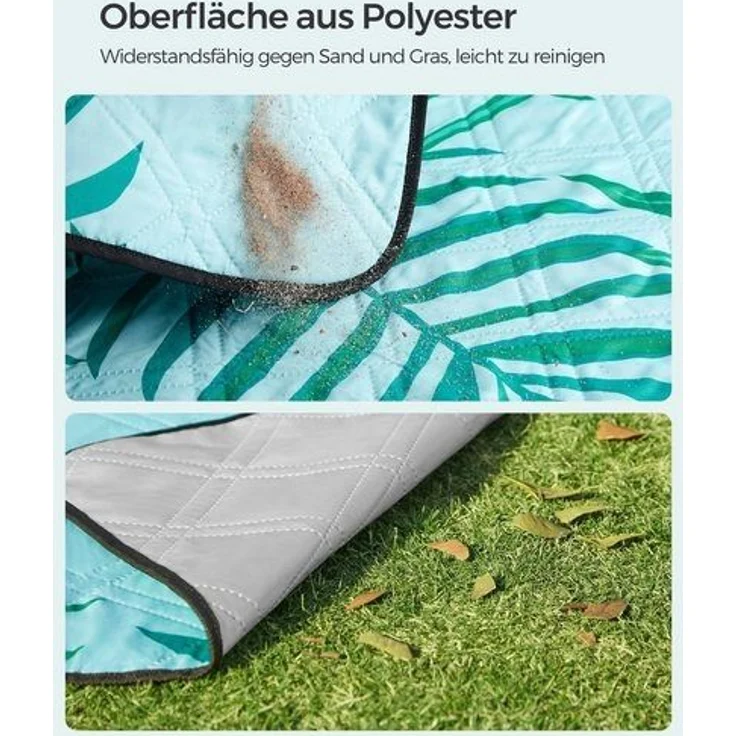 Songmics Picknickdecke, wasserdicht, maschinenwaschbar & faltbar, Polyester, hellblau mit tropischem Farn, 200 x 200 cm – Bild 5