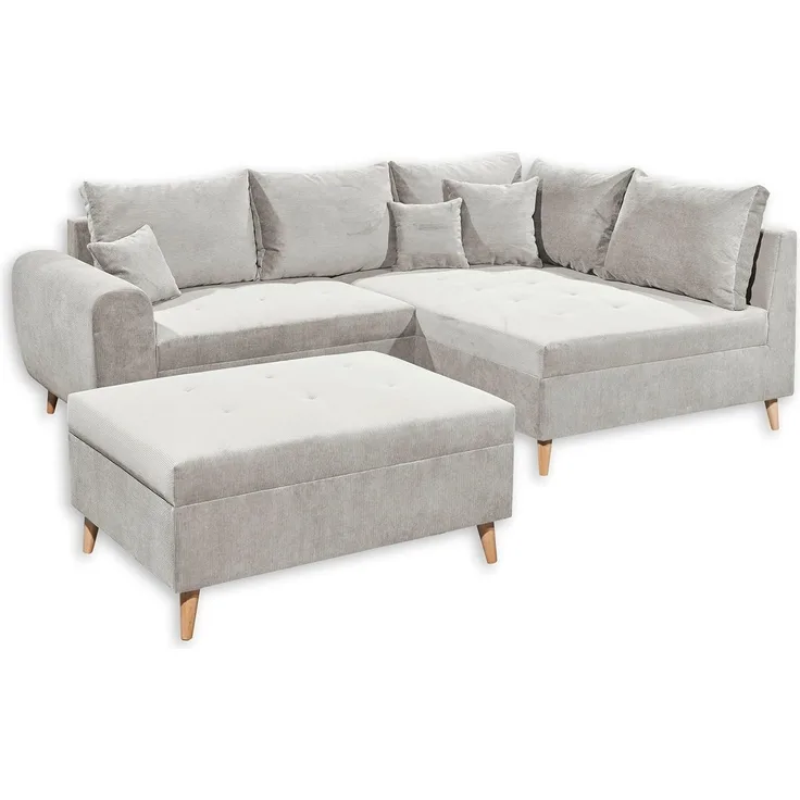 Stella Trading CALANDA Ecksofa mit Hocker, Stoffbezug Sand - Moderne Eckcouch mit Kissen & Massivholz Füßen - 249 x 94 x 175 cm (B/H/T)