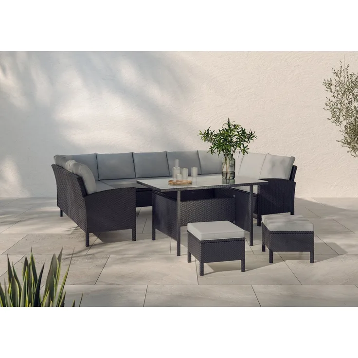 KONIFERA Gartenlounge-Set »Miami«, (Set, 22-tlg, 3x 3er Sofabank, Tisch 66x120x74 cm, 2 Hocker, inkl. Auflagen), Stahl/Polyrattan