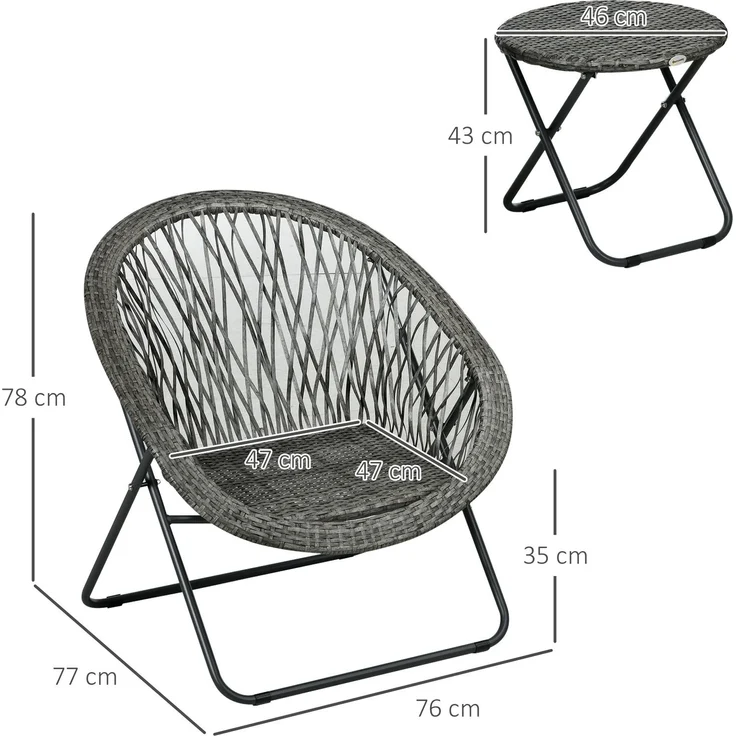3-teiliges Balkonmöbel-Set mit klappbarem Tisch und 2 Stühlen, Ø46x43 cm, Grau – Bild 3